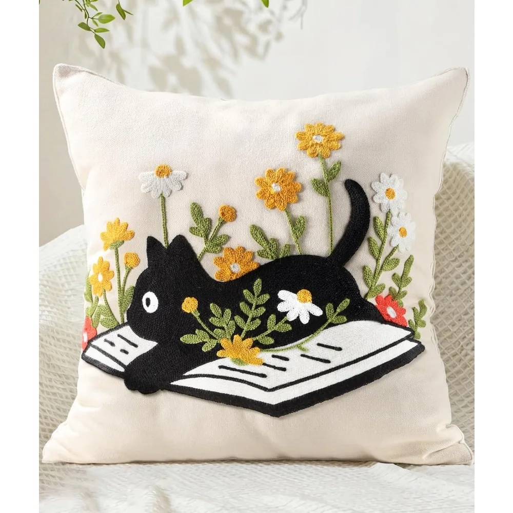 Double-Sided Pillow Cover Summer Animal Cat Floral Non-Real Embroidery Decorative Cushion Case for Couch Sofa Living Room