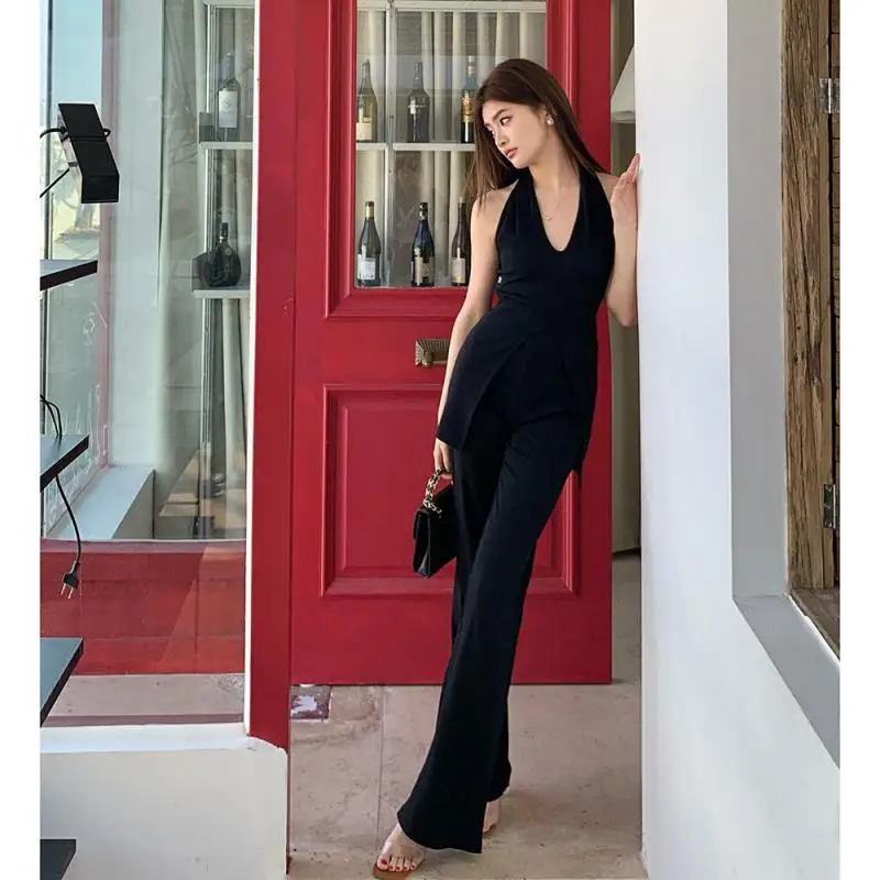 

Summer Knitted Two Pieces Sets 2024 Women Elegant Fashion Halter Backless Vintage High Waist Wide Legs Long Pants Suits
