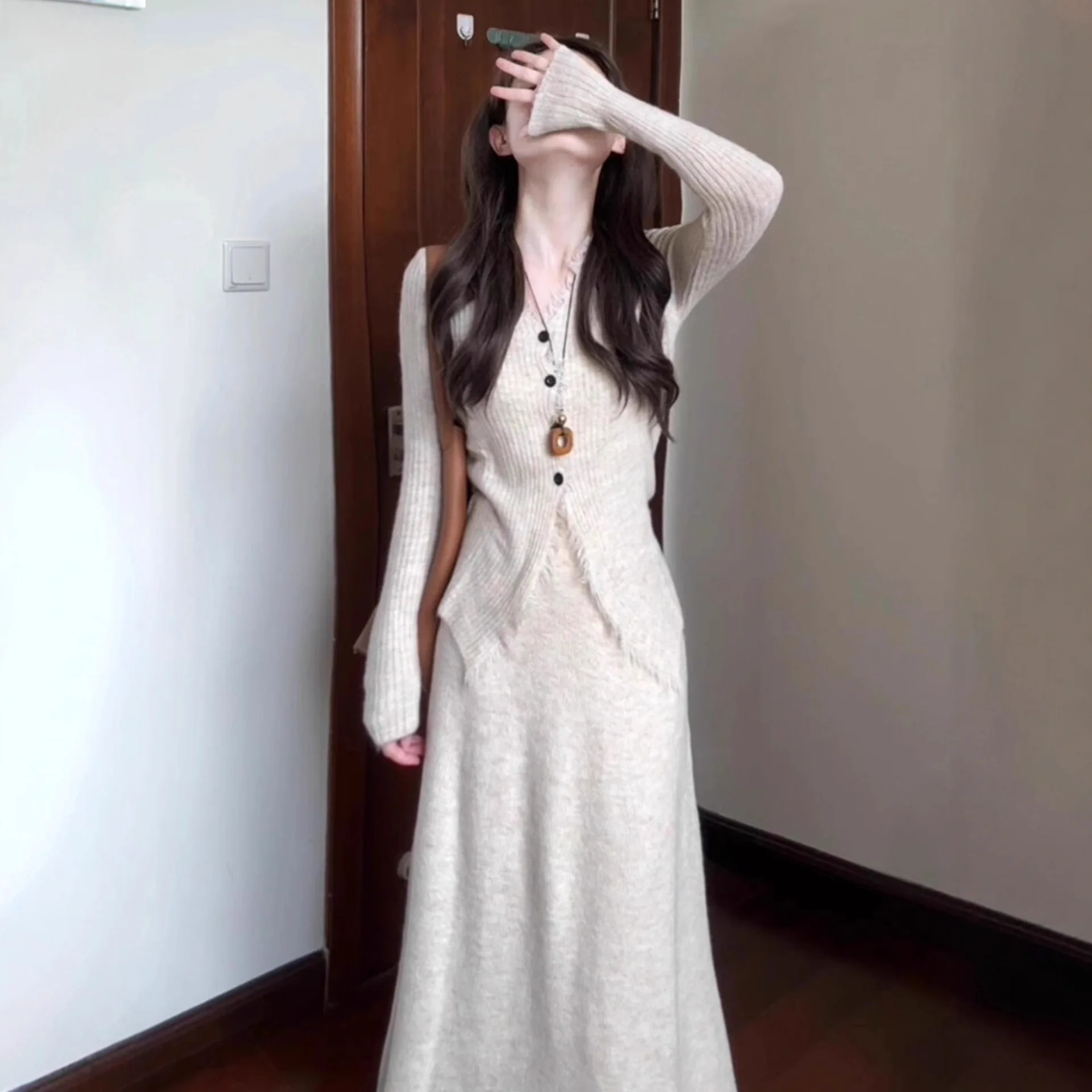 

Long-sleeve Knitted Dress for Women, 2025 Early Autumn New Outfit Set, Long Skirt