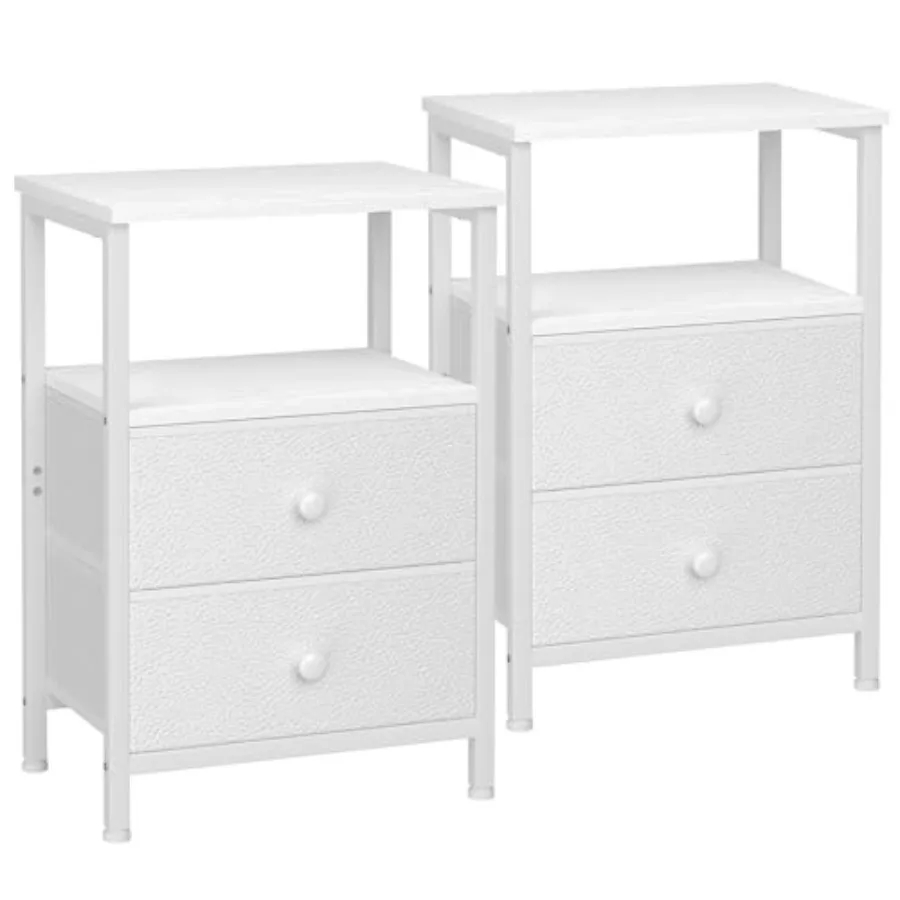 

Night Stand Set of 2 White Bedside Tables with 2 Fabric Drawers and Open Shelf Storage for Bedroom or Living Room Compact End T