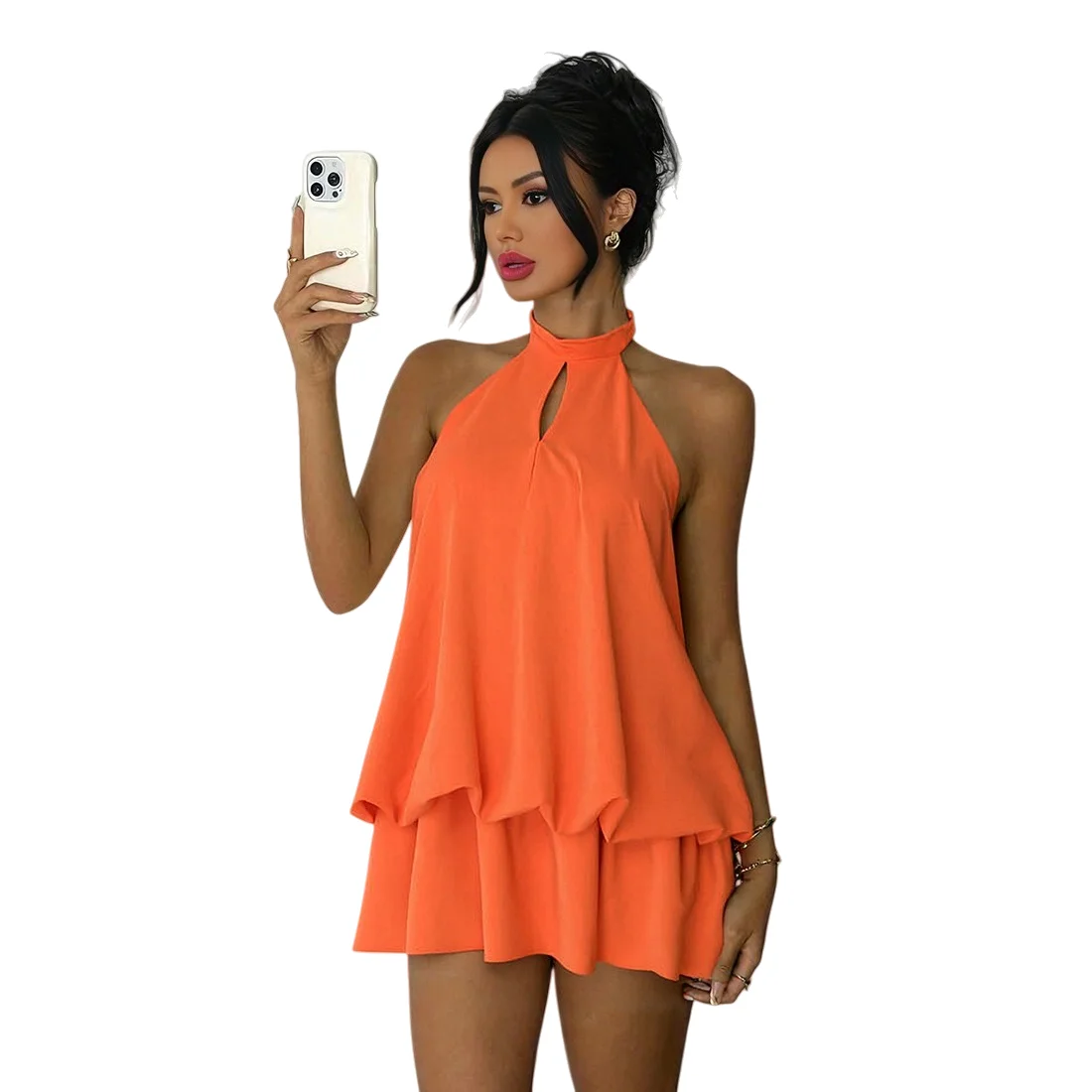 Women's Lace-Up Halter Sleeveless Backless High-Waist Ruffled Tierred Mini Dress, Solid Color, Sexy