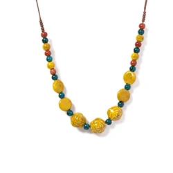 Handmade Yellow Rose Ceramic Necklace Adjustable 40-80cm, Vintage Jewelry with Red & Green Beads 1140