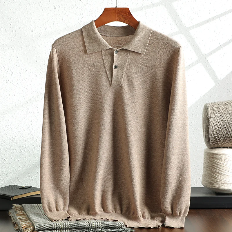 

Мужской свитер с воротником-поло из 100% шерсти - деловой повседневный вязаный пуловер на весну/осень, теплая удобная офисная одежда, стильный топ