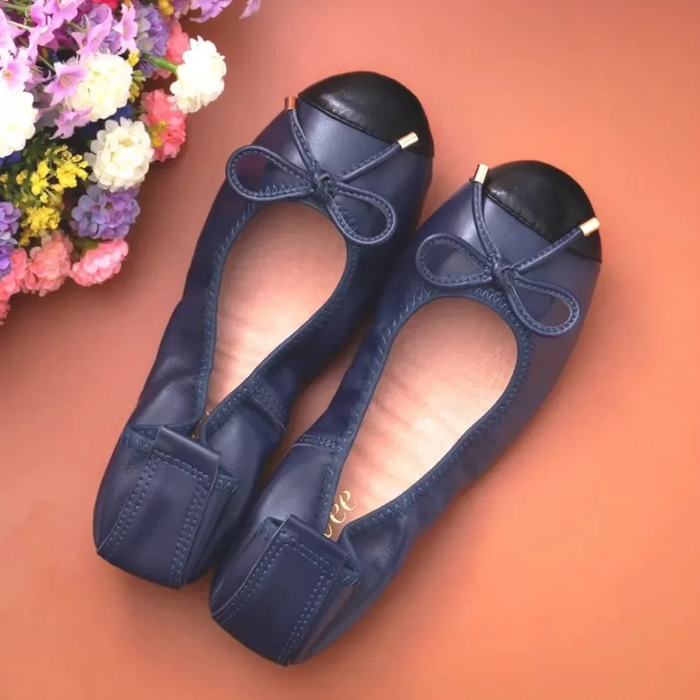 

2024 New Women Flats Woman Loafers Genuine Leather Female Shoes Slip on Ballet Bowtie Moccasins Women Shoes Big Size 34-43