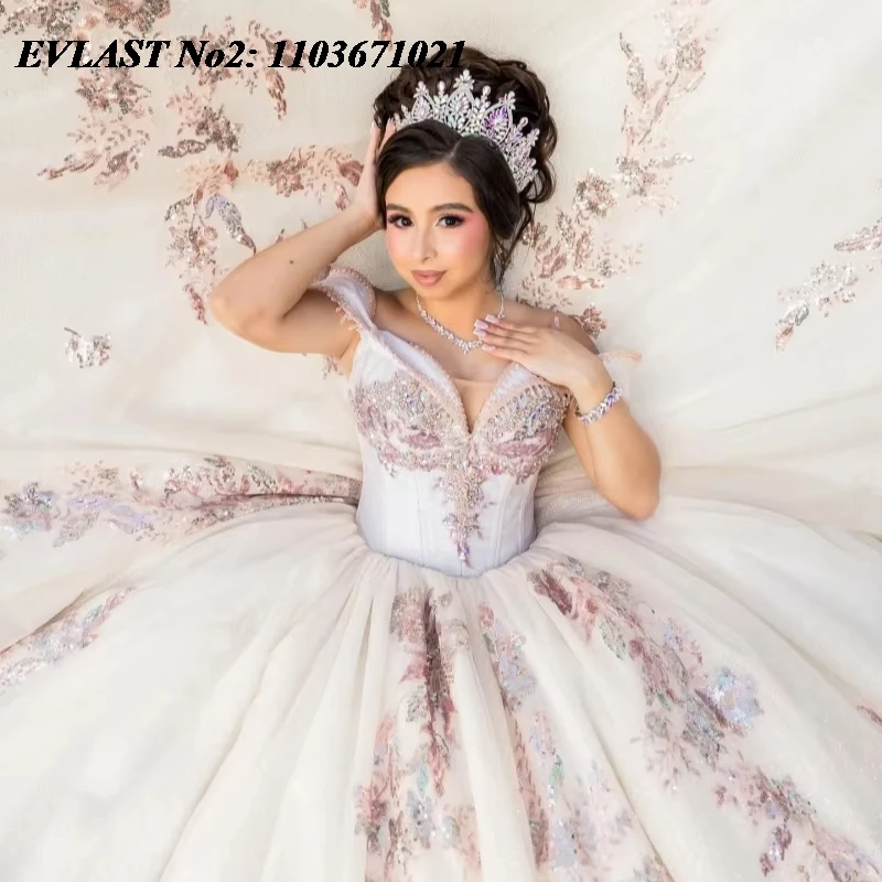 EVLAST Customized Shiny Beige Quinceanera Dress Ball Gown Sequins Applique Beading Corset Sweet 16 Vestidos De 15 Anos E2Q04