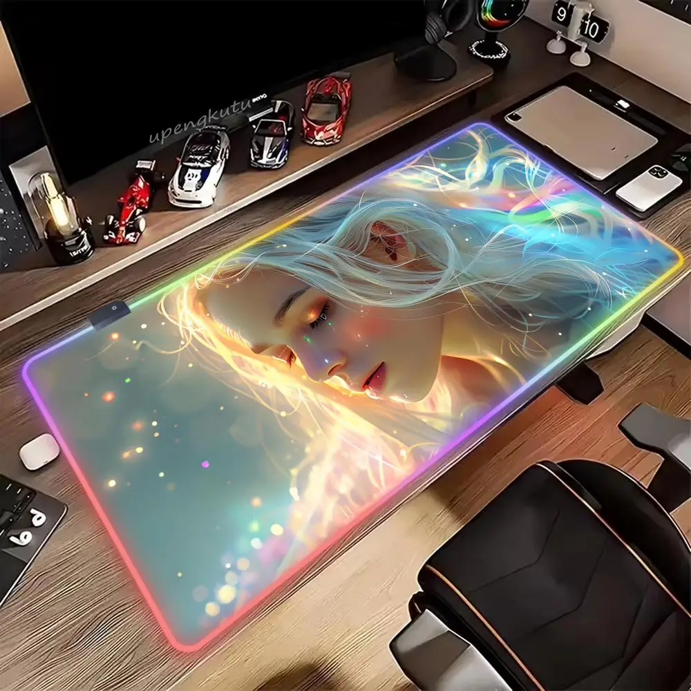 Beautiful seven-colored girl Mouse Pad RGB HD XXL Cute Mouse Pad Keyboard Mousepad PC Large Table Pad Gaming Laptop LED Desk Mat