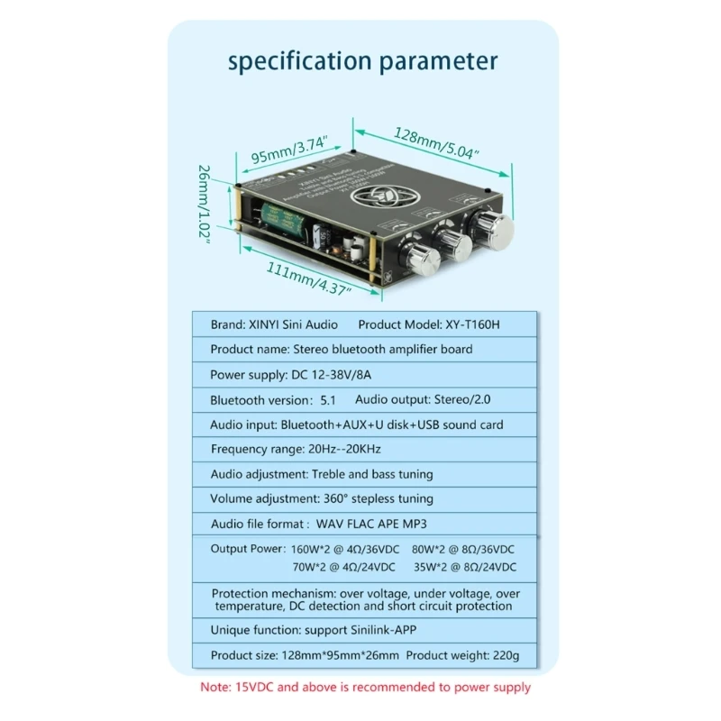 Módulo amplificador de potencia Digital, placa amplificadora de potencia de 160W + 160W, 2 canales, BT5.1, XY-T160H, compatible con Bluetooth, 5,1 DC12-36V/8A
