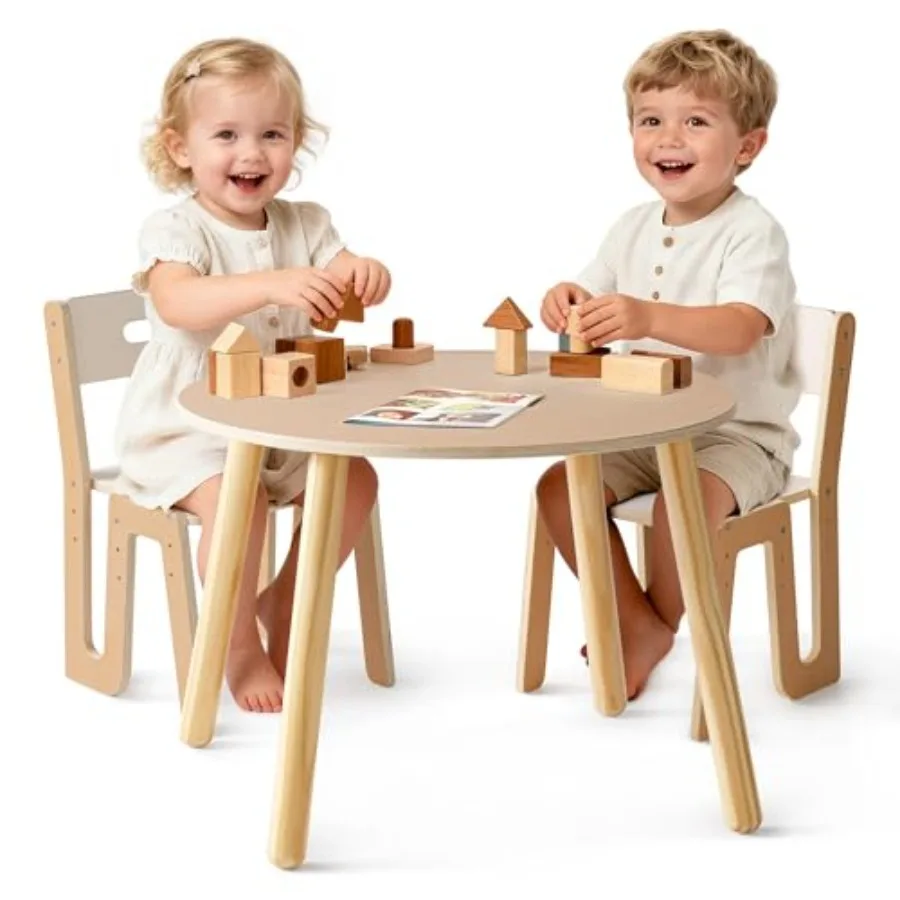 

ROBOTIME Wooden Table and Chairs Adjustable Height Toddler Table and Chair Set Round Desk and Chair Set for Ages 3+ Sturdy Desi