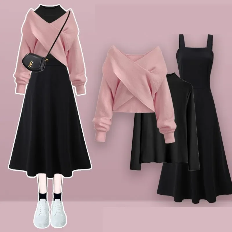 Women Spring Autumn New Vintage Knit Sweater+Shirt+Strap Midi Dress 3-piece Suit 2025 Korean Elegant Pullover Dress Matching Set