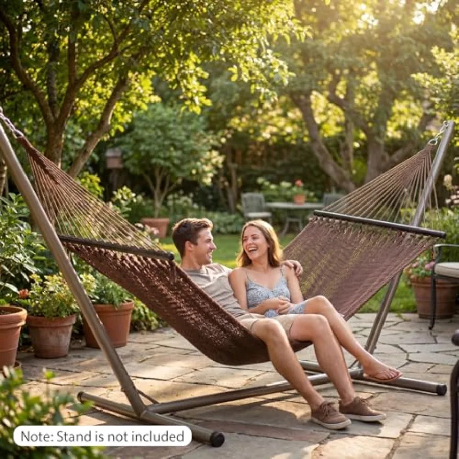 Outdoor 2-person Caribbean double hammock with curved spreader bars, soft-spun polyester rope, blue color, 600 lbs max load, po