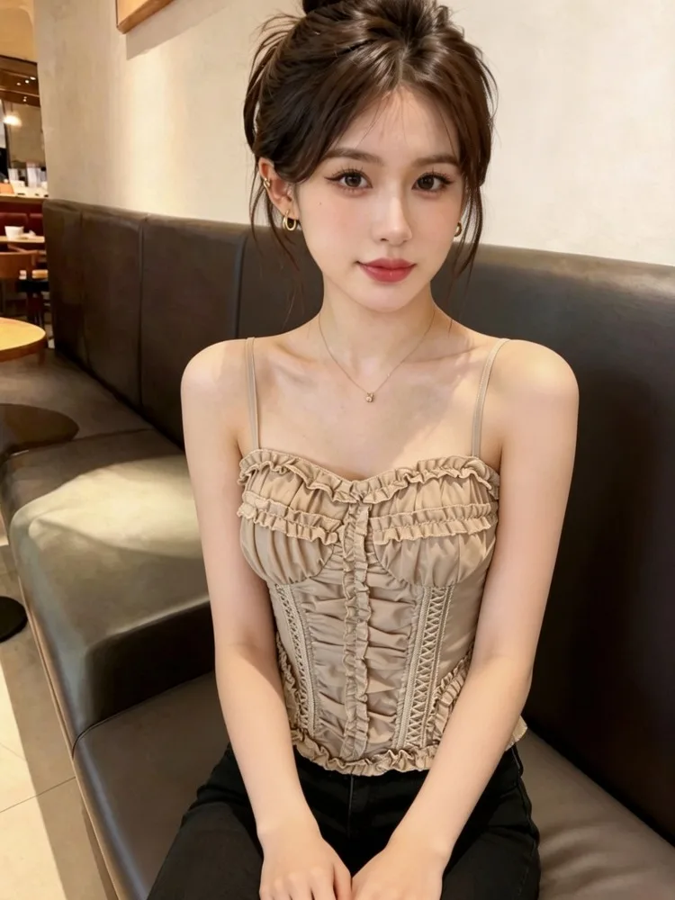 Retro Floral Print Pleated Strap Vest Women's Summer New Fishbone Waist Cinching Slimming Sleeveless Fashionable Top