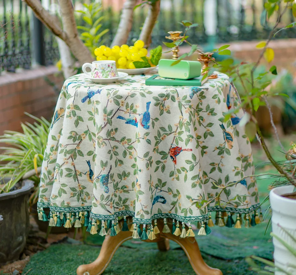 American Country Style Bird Tablecloth,Vintage Jacquard Round & Rectangular Table Cover for Nightstand,Coffee Table Home Decor