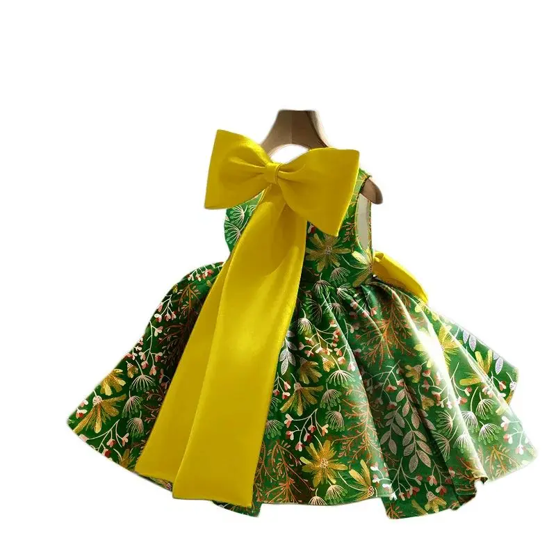 Vestido verde para niña, Brocade satinado, Puff de flores para boda, cumpleaños, vestido de baile nupcial para niño pequeño de 1 a 14 años