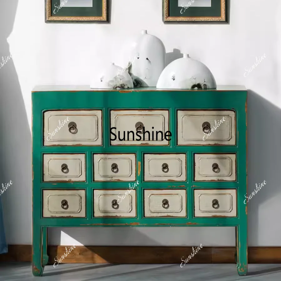 Pastoral old solid wood treasure chest American country decorative cabinet with drawers