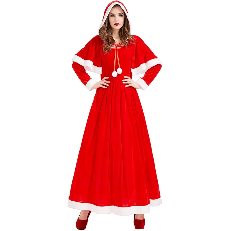 Christmas Dress Set Women Xmas Hooded Shawl Dress Long Sleeved Gown Festival Party Fairy Tale Cosplay Costume