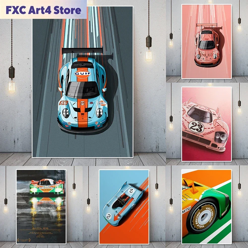 Rahmenloses, modisches Comic-Supercar-Graffiti-Leinwandgemälde, rosa Sportwagen-Poster und Druck, Vintage-Rennwagen-Wandkunst für Bar, Zimmer und Zuhause