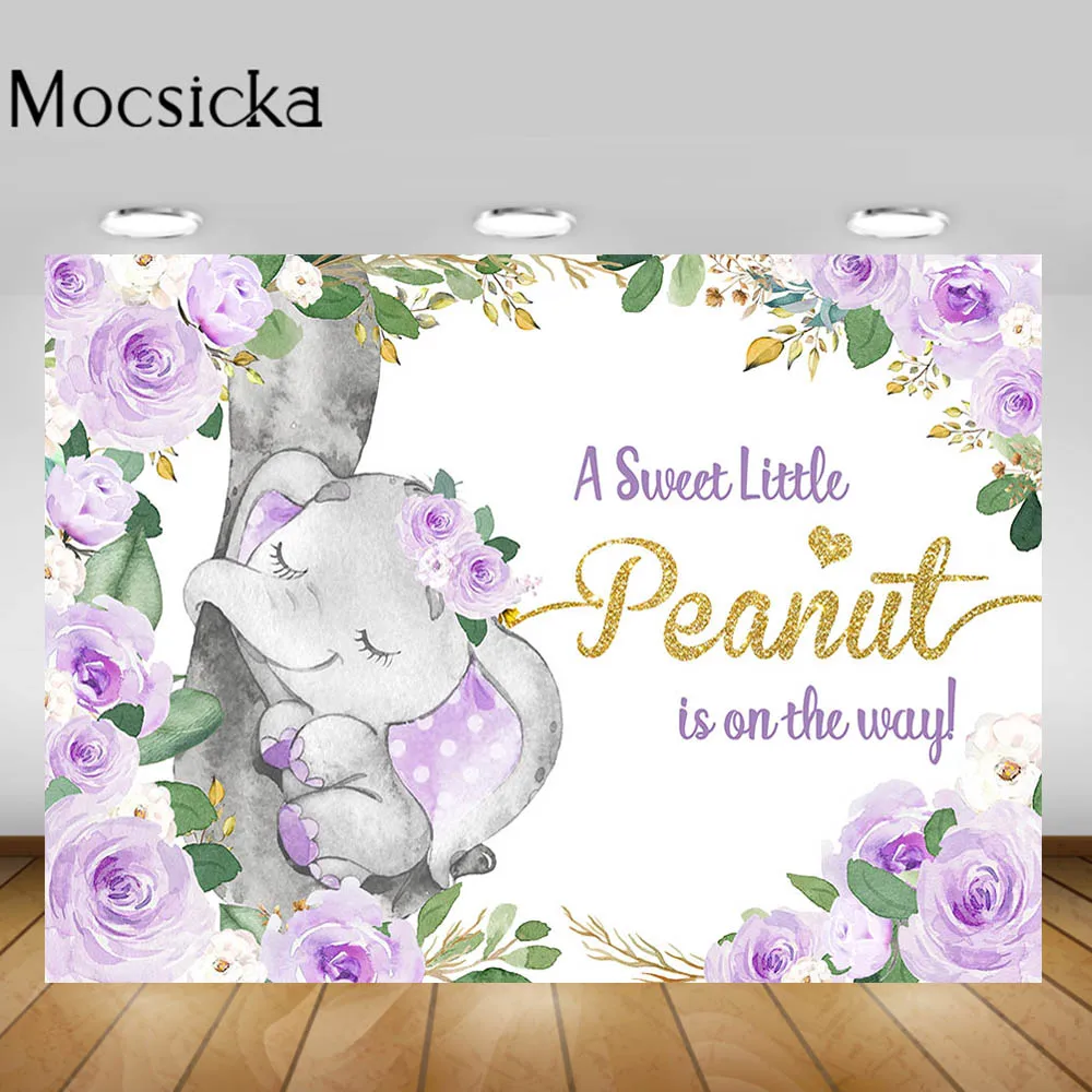 

Mocsicka Little Elephant Baby Shower Backdrop Purple Flower Newborn Girl 1st Birthday Party Custom Photo Background Decor Banner