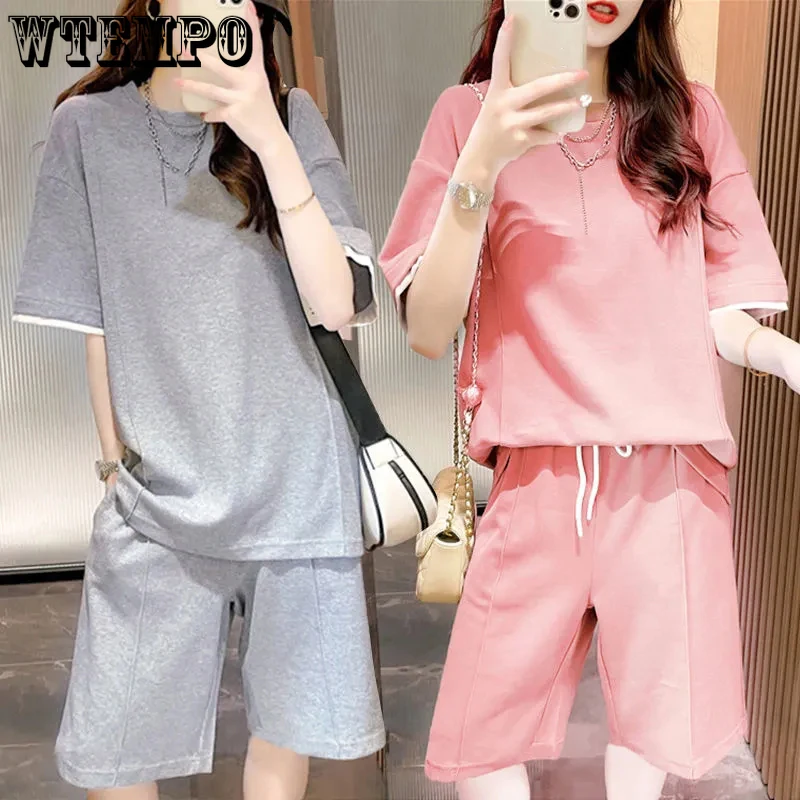 WTEMPO Leisure Sports Style Solid T-Shirt Set Women's Summer Korean Fashion Short Sleeve Tops + Five Point Shorts Two-piece Set