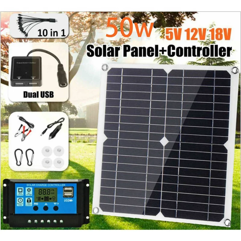 2X 50W 태양광 패널 18V 태양 전지 뱅크 커넥터 커버 (100A 태양광 컨트롤러 포함) IP65 방수, 휴대폰, 자동차, RV, 보트용 충전기