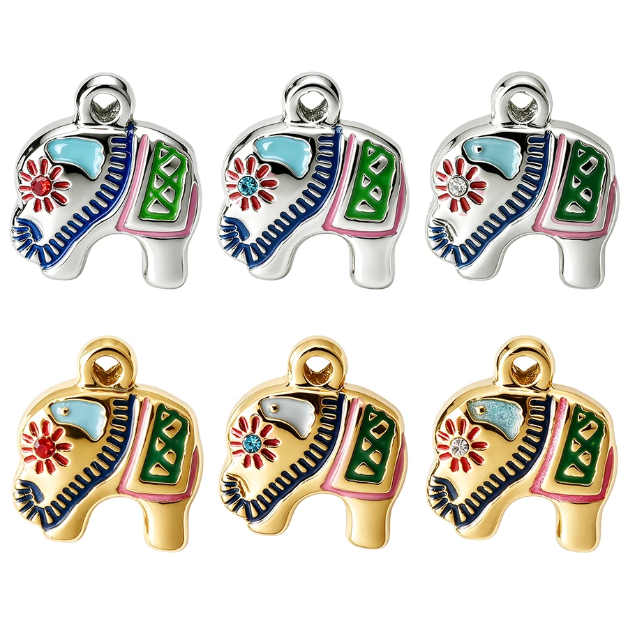6pcs Enamel Elephant Stainless Steel Charm With Crystal Beads Pendant For Handmade Necklace Jewelry Making Crafts Accessories