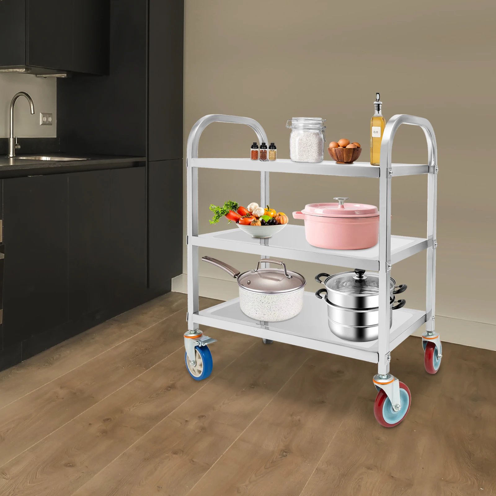 3 Tier Stainless Steel Kitchen Trolley Cart Utility Serving Storage Rolling Car Shelf, Kitchen Trolley Car