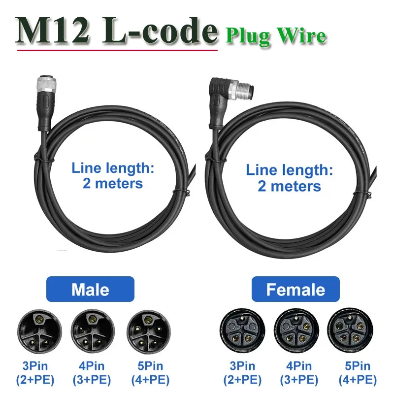 M12  3 4 5 Pin L-code Aviation Plug Wire D-type Waterproof Connector Cable 15A 4+PE Male Female Socket 2 M Straight Elbow IP67