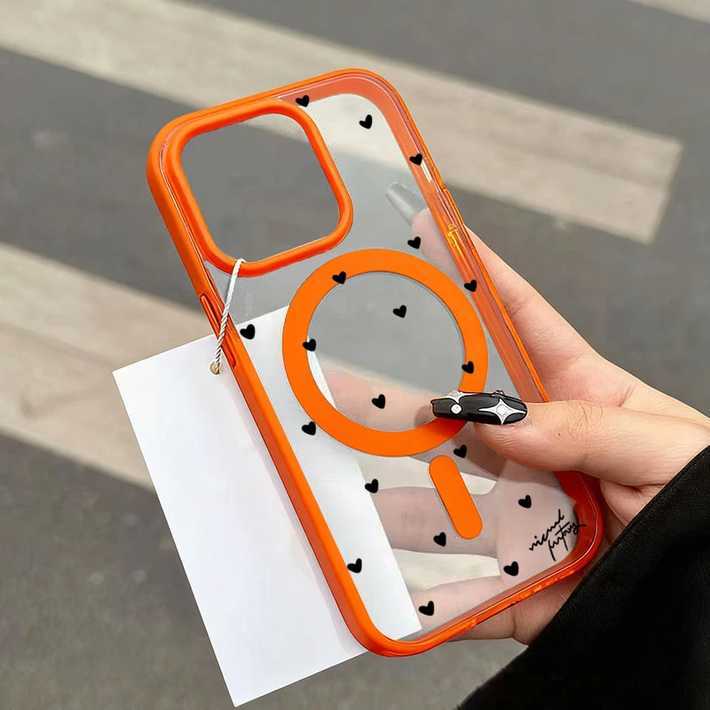 حافظة هاتف مغناطيسية للشحن اللاسلكي لهاتف آيفون 17 13 12 14 15 16 Pro Max 11 16E 16 Plus 17 Air مع غطاء قلب حب أسود