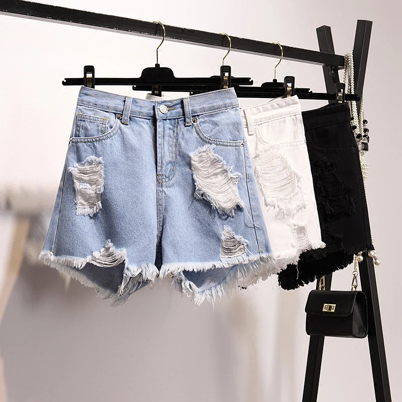 

Summer Hole Denim Shorts Women High Waist Zipper Pocket Tassel Short Pants Casual Fashion Loose Solid Color Wide Leg Jeans