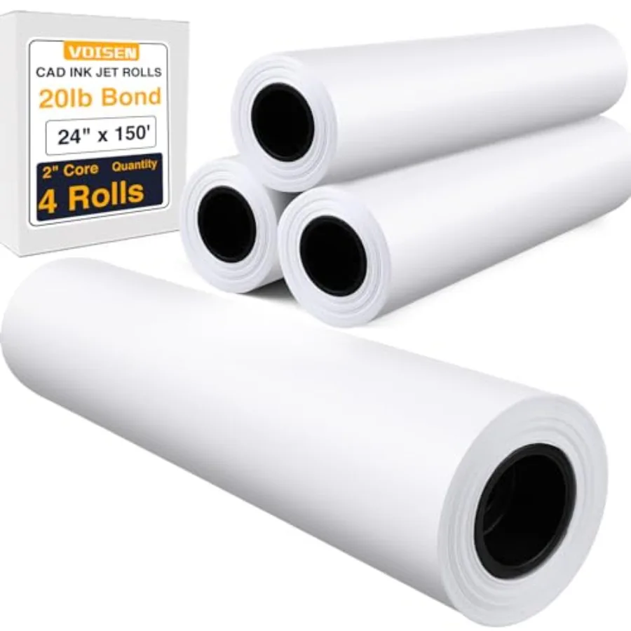 

Wide Format Paper, 4 Rolls Plotter Paper 24 In x 150 Feet, CAD Bond Rolls, 20lb, Bond Paper on 2" Core for CAD Printing on Wide