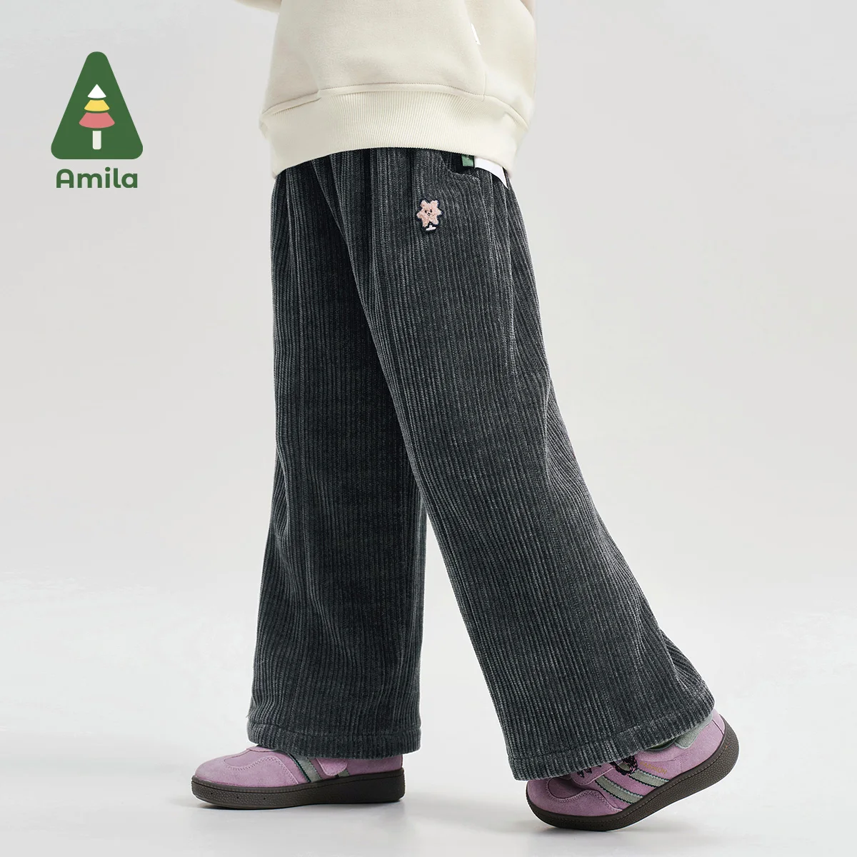 Amila Baby Trousers 2024 Winter New High Quality Girls Solid Color Plus Velvet Warm Skin-Friendly Loose Casual Children’s Pants