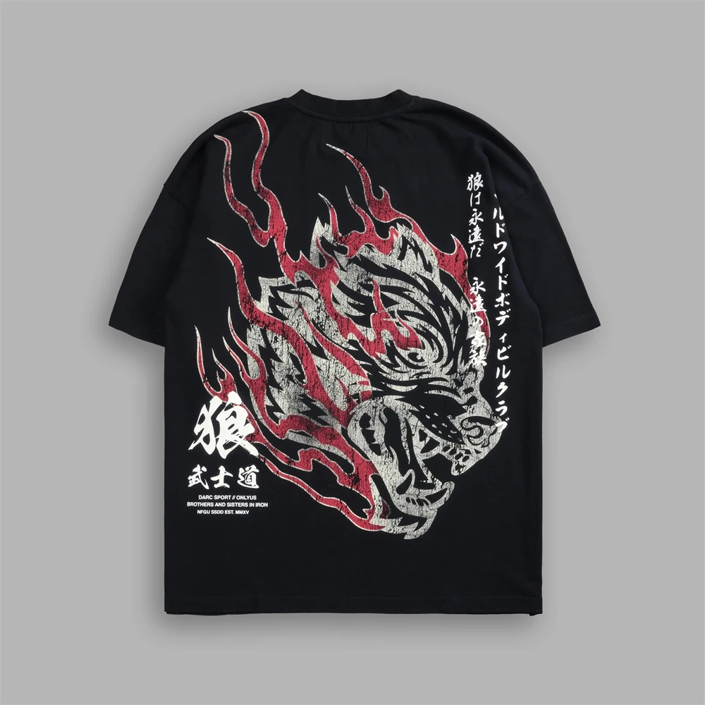 

BIG Wolves T Shirts Oversized Flame Wolf Print High Quality 100% Cotton Gym Men Clothing Short Sleeve Loose Tops Tees T-Shirts