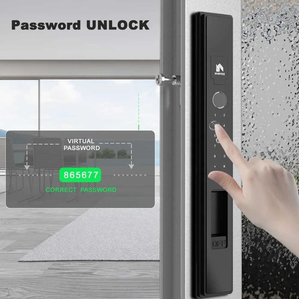 Smart Lock per porte e finestre scorrevoli |   Ingresso 5 in 1: impronta digitale, password, scheda, chiave, app |   Batteria ricaricabile |   Temperatura estrema