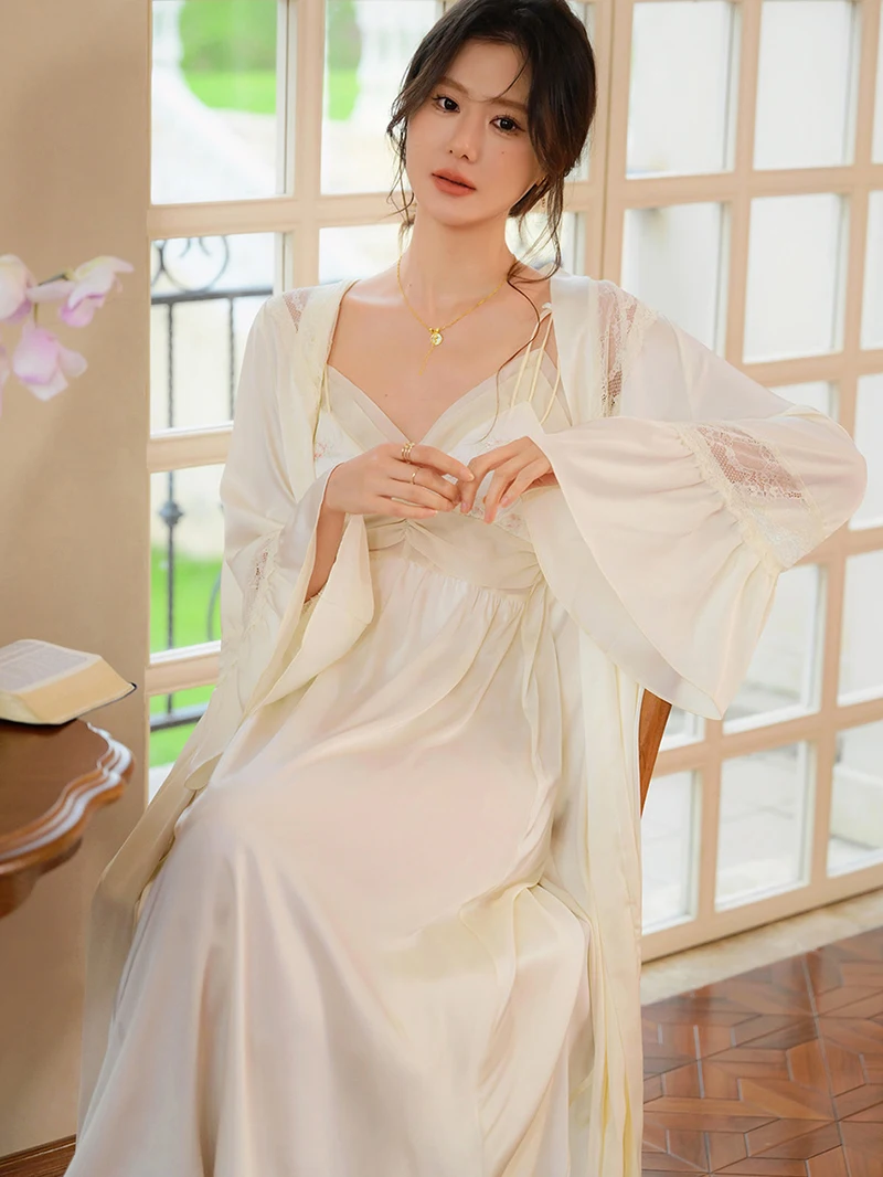 French Sexy Robe Gown Fairy Nightgown Two-piece Set Women Spring Chiffon Mesh Vintage Princess Pajama Sleepwear Home Clothing