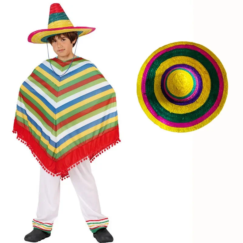 Costume poncho multicolore pour enfants, chapeau Everak coloré, style ethnique mexicain, petit garçon