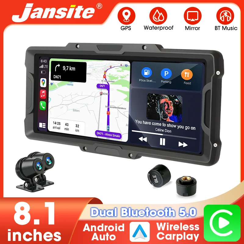

8.1 inch 4K+1080P Dual Lens Motorcycle Wireless CarPlay Android Auto GPS Navigation Drive Recorder IPX7 Waterproof Support TPMS