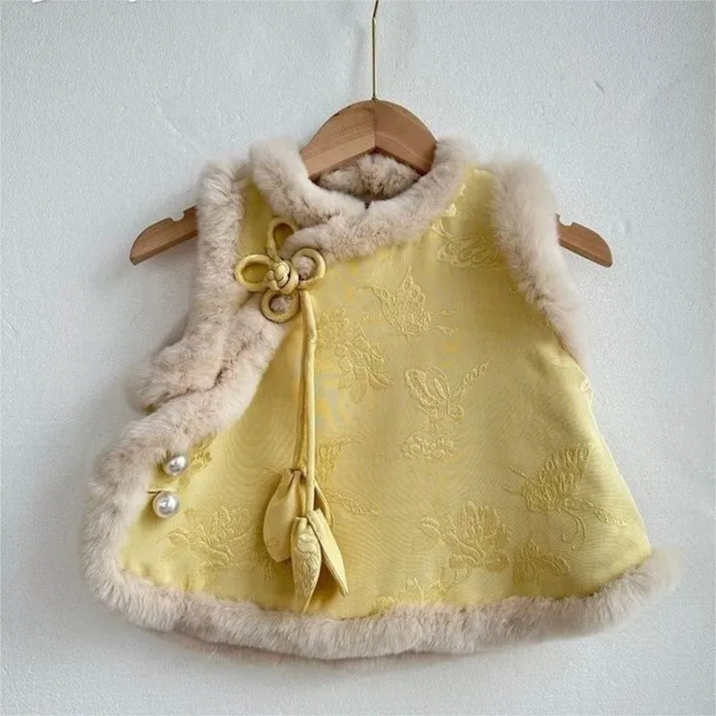 الفتيات الأحمر/الأصفر سترة دون أكمام 2026 الخريف/الشتاء جديد للأطفال النمط الصيني شيونغسام أفضل الاطفال الصينية تانغ سترة TopLI882 #4