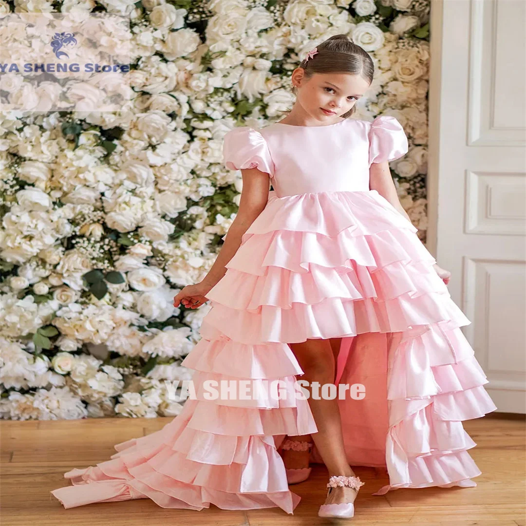 

Flower Girl Dress White Satin For Wedding Layered Ruffles With Bow Elegant Princess Child First Eucharistic Birthday Party Dress