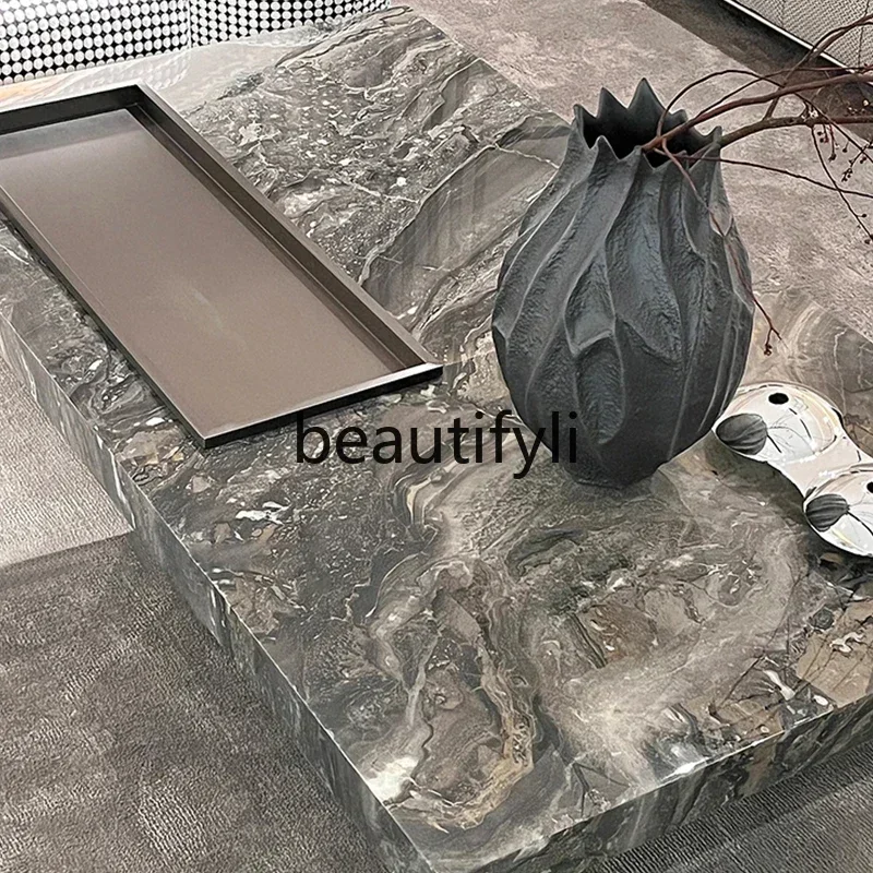 

A16 Natural marble rectangular coffee table living room large apartment minimalist luxury stone brown coffee table