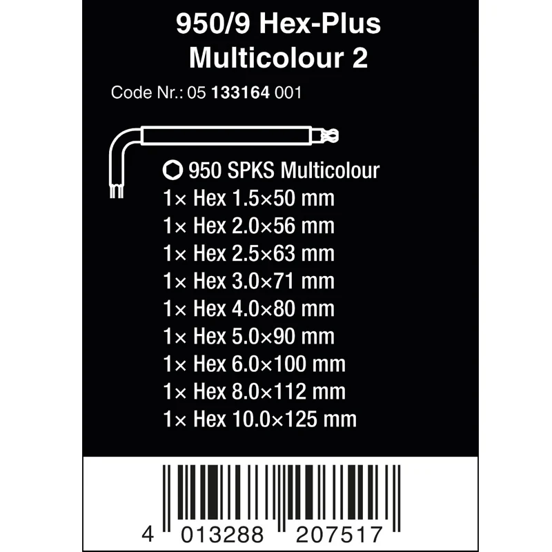 WERA 05133164001 950/9 Hex-Plus Multicolour 2 L-key Set for Hexagonal Socket Screws Metric BlackLaser 9 pieces