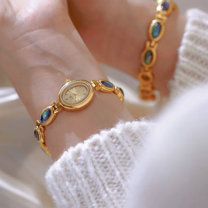 Luxury Brand Woman Watch Colorful Shell Vintage Gold Bracelet Small Dial Analog Quartz Clock Wristwatch for Ladies Girls Gifts