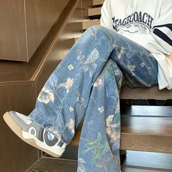 2024 New Vintage AOP Jacquard Jeans for Men's Spring Autumn Design Trend Bf Loose Versatile Wide Leg Pants
