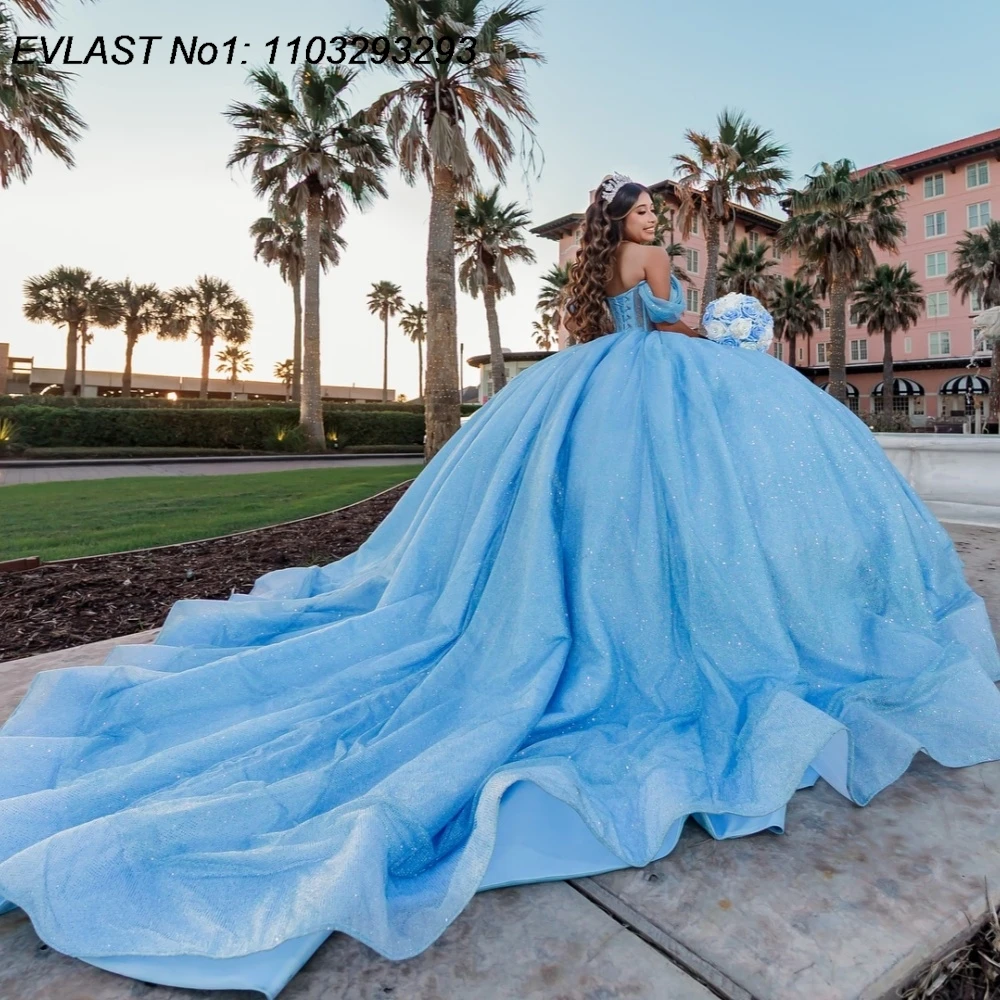 EVLAST Maßgeschneidertes glänzendes himmelblaues Ballkleid-Quinceanera-Kleid mit glitzernden Applikationen und Perlen, Kristall, Sweet 16, Vestidos de 15 Anos E1Q916