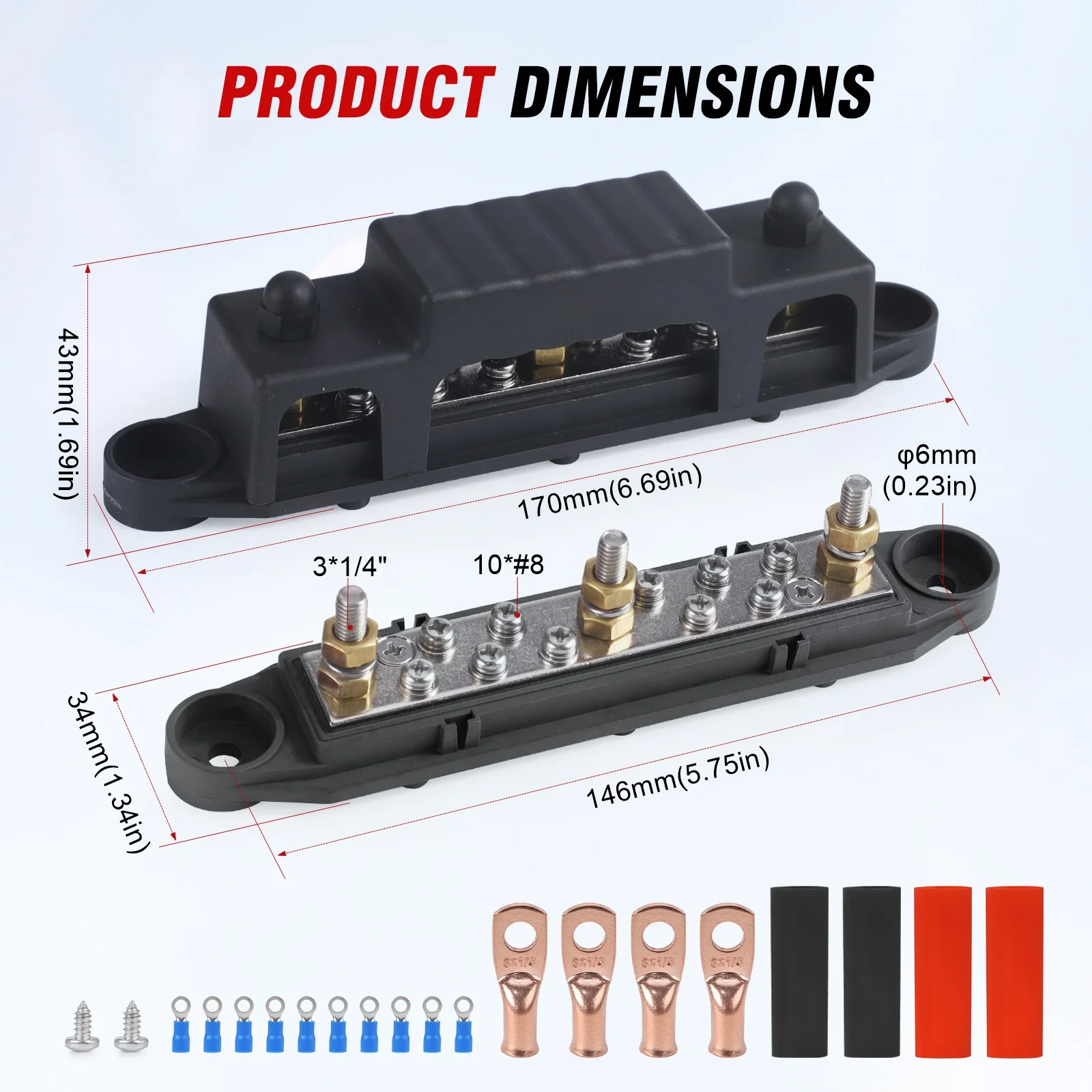 Hochleistungs-Stromverteilerblock 150A 12V-48V mit 10 Anschlussklemmen, Batterie-1/4-Zoll-Steckbolzen-Sammelschiene für Wohnmobil, Auto, Boot, Solarverkabelung – Detail 2