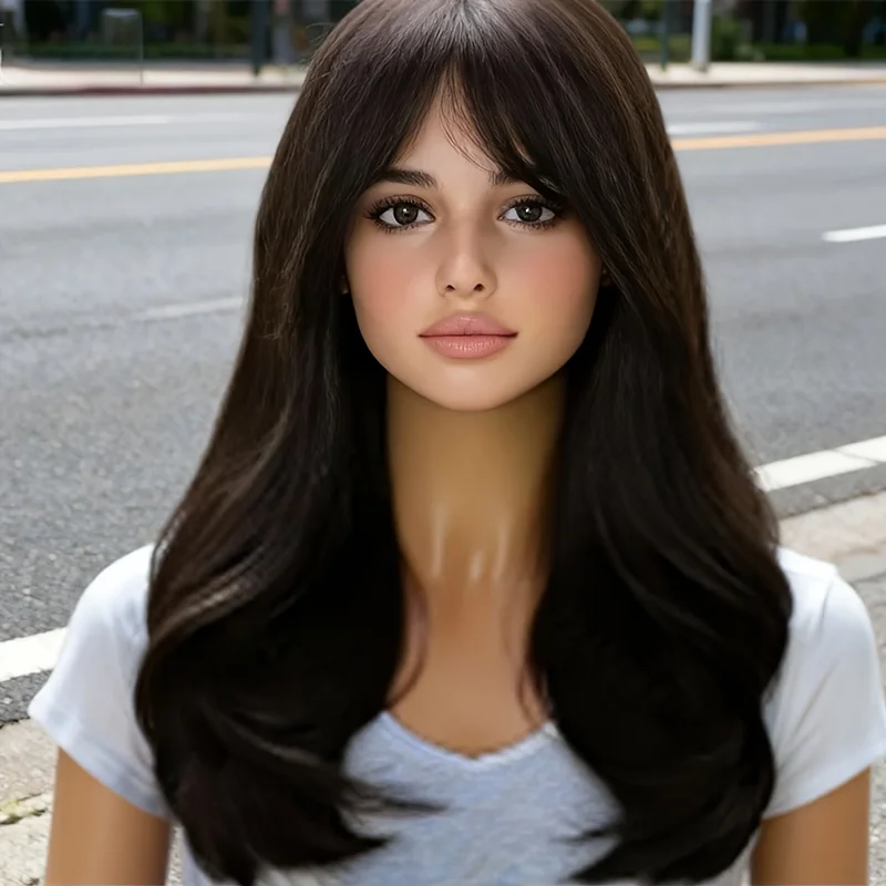 

Женский длинный прямой многослойный синтетический парик с боковой челкой, ежедневный натуральный стиль, термостойкий, модный, элегантный, темно-коричневый