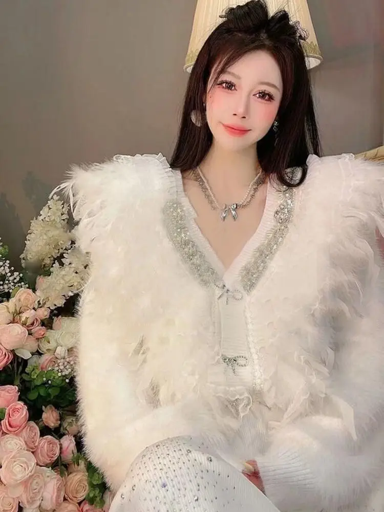 Trendy Beaded Diamond Feather Cute Fairy White Sweater for Women Autumn Winrer All-match V-neck Loose Knitted Cardigans Coat