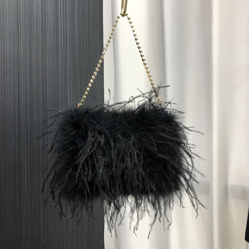 Handmade Ostrich Feather Luxury Evening Bags Fashion Metal Rhinestone Chain Shoulder Bags Prom Party Clutches For Women Clutch