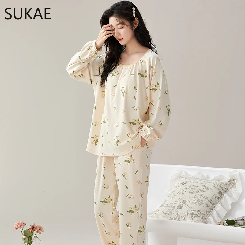 SUKAE Autumn Winter New Faux Cotton Sleepwear Leisure Lady Pijamas Long Sleeves Chic Homewear Cute Nightwear Women Pajamas Set