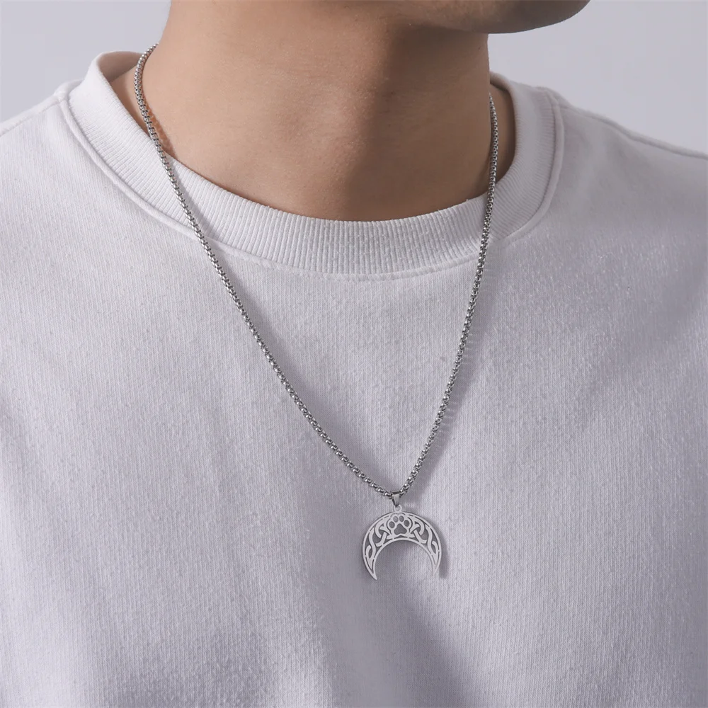 My Shape ​Celtic Knot Crescent Pendant Necklace for Men Boys Stainless Steel Moon Witch Knots Irish Knot Cat Paw Vintage Jewelry