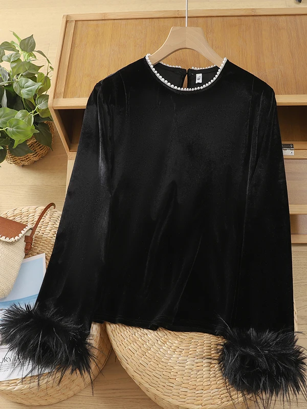 

Осень 2023, новинка, китайский национальный жемчуг, круглый свободный бархатный женский топ без сращивания, модный повседневный топ