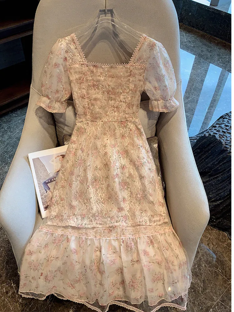 French Vintage Floral Print Summer Dresses 2024 Sweet Squared collar Short Puff Sleeve Beaded Mesh Lace Party Vestidos De mujer